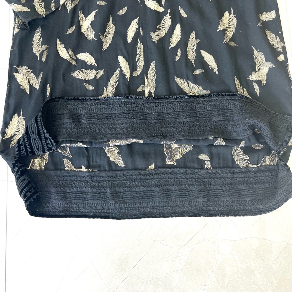 JOHNNY WAS Workshop Black Metallic Gold Feathers Embroidered Hem Mini Dress Sz L - Picture 13 of 16